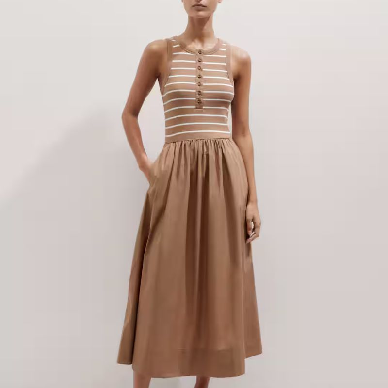 Button-Front Mixed Media Maxi Dress on model 