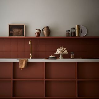 Terracotta red kitchen with grey walls
