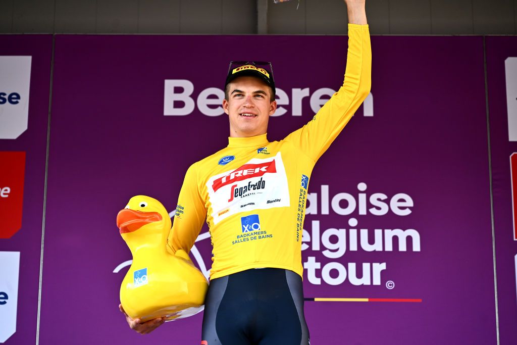 BEVEREN BELGIUM JUNE 16 Mathias Vacek of Czech Republic and Team TrekSegafredo celebrates at podium as Yellow Best Young Jersey winner during the 92nd Baloise Belgium Tour 2023 Stage 3 a 152km individual time trial stage from Beveren to Beveren on June 16 2023 in Beveren Belgium Photo by Mark Van HeckeGetty Images