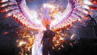 A mystical figure stands with a sword, surrounded by a vibrant, fiery phoenix with colorful wings, set against a dark, forested background.