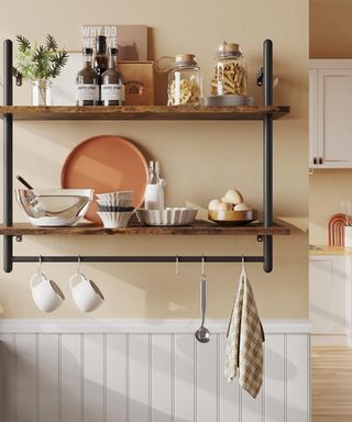 A vertical storage shelf on a kitchen wall