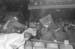 English fans riot at the Ireland v England at Landsdowne Road. Following the Irish goal a riot erupted and the game was abandoned. Picture David Conachy 15/2/1995 (Part of the Independent Newspapers Ireland/NLI Collection). (Photo by Independent News and Media/Getty Images)