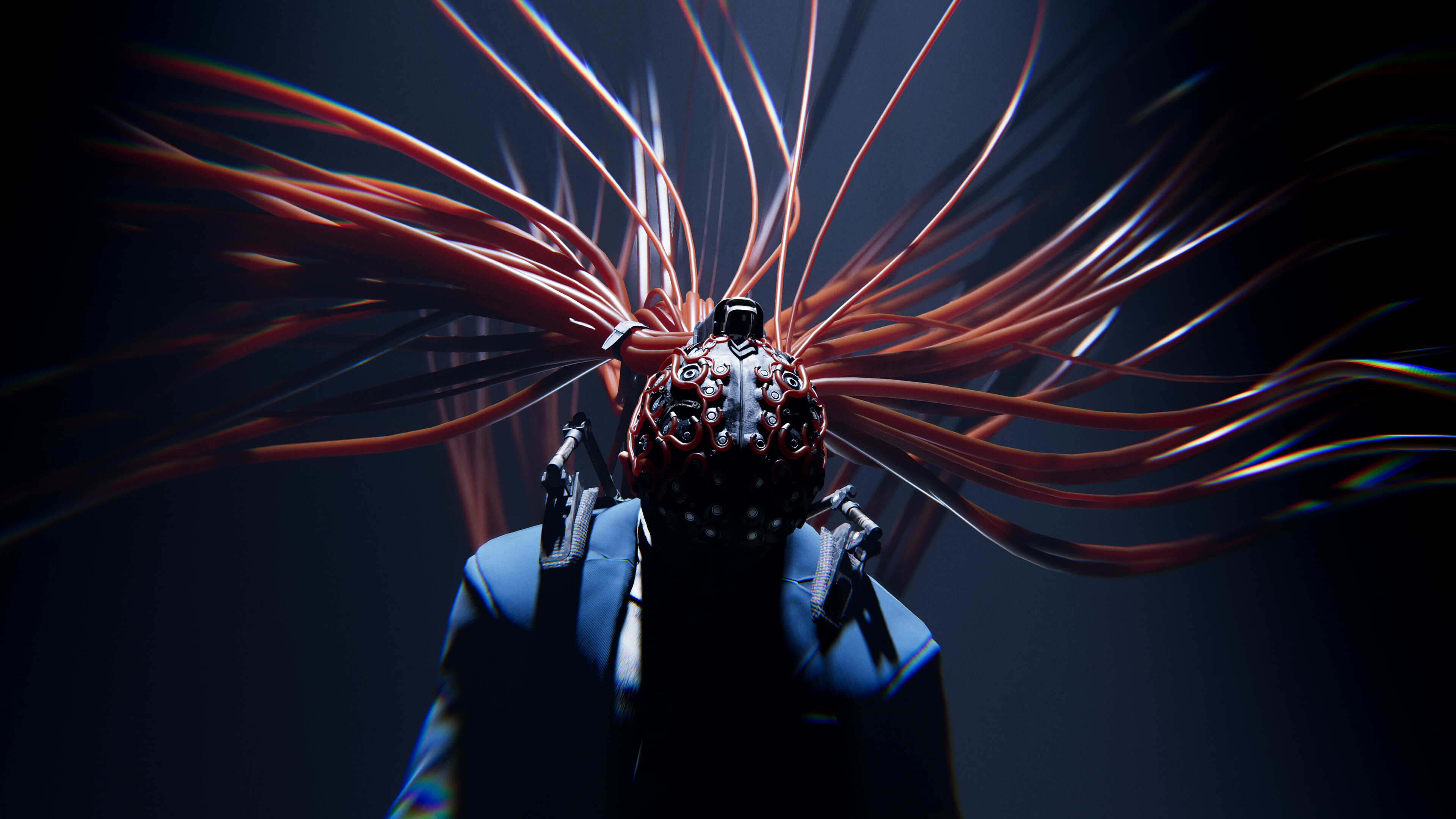 En House of Wolves, un hombre está atado a una máquina usando un casco con tubos rojos y muchos cables que evocan un ambiente de tecno-thriller y cyberpunk.