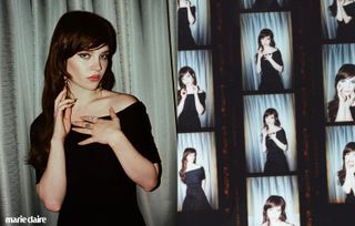 (Left) Image of Sophie Thatcher poses in front of curtain wearing a black off the shoulder dress. (Right) Film contact sheet of images of Sophie Thatcher