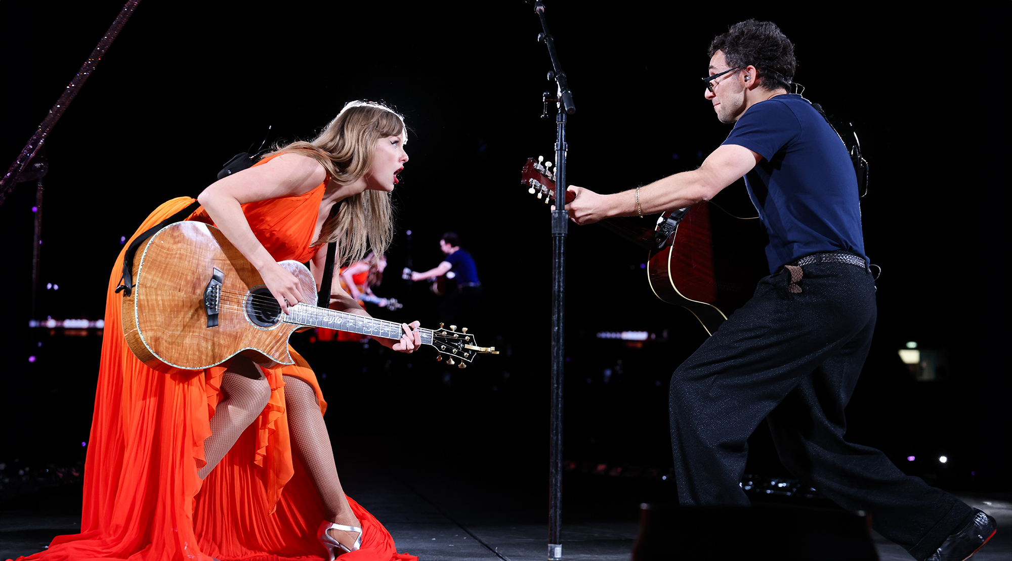 Taylor Swift and Jack Antonoff perform onstage during "Taylor Swift | The Eras Tour" at Wembley Stadium on August 20, 2024 in London, England. 
