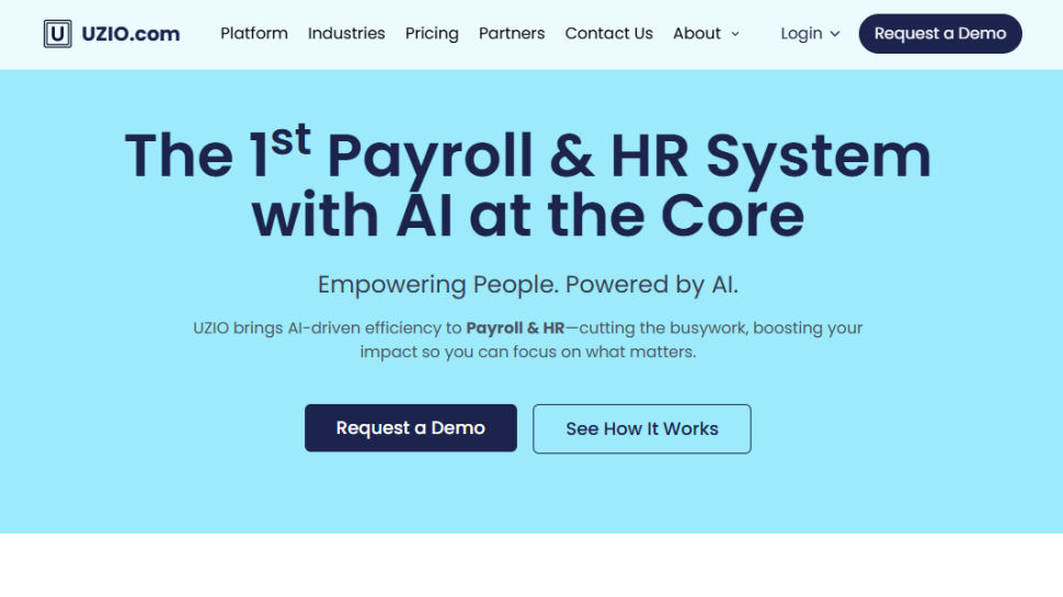 Uzio HR and Payroll website screenshot (May 2025)