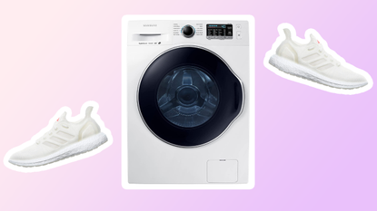A washing machine and pair of white sneakers on a pastel gradient background