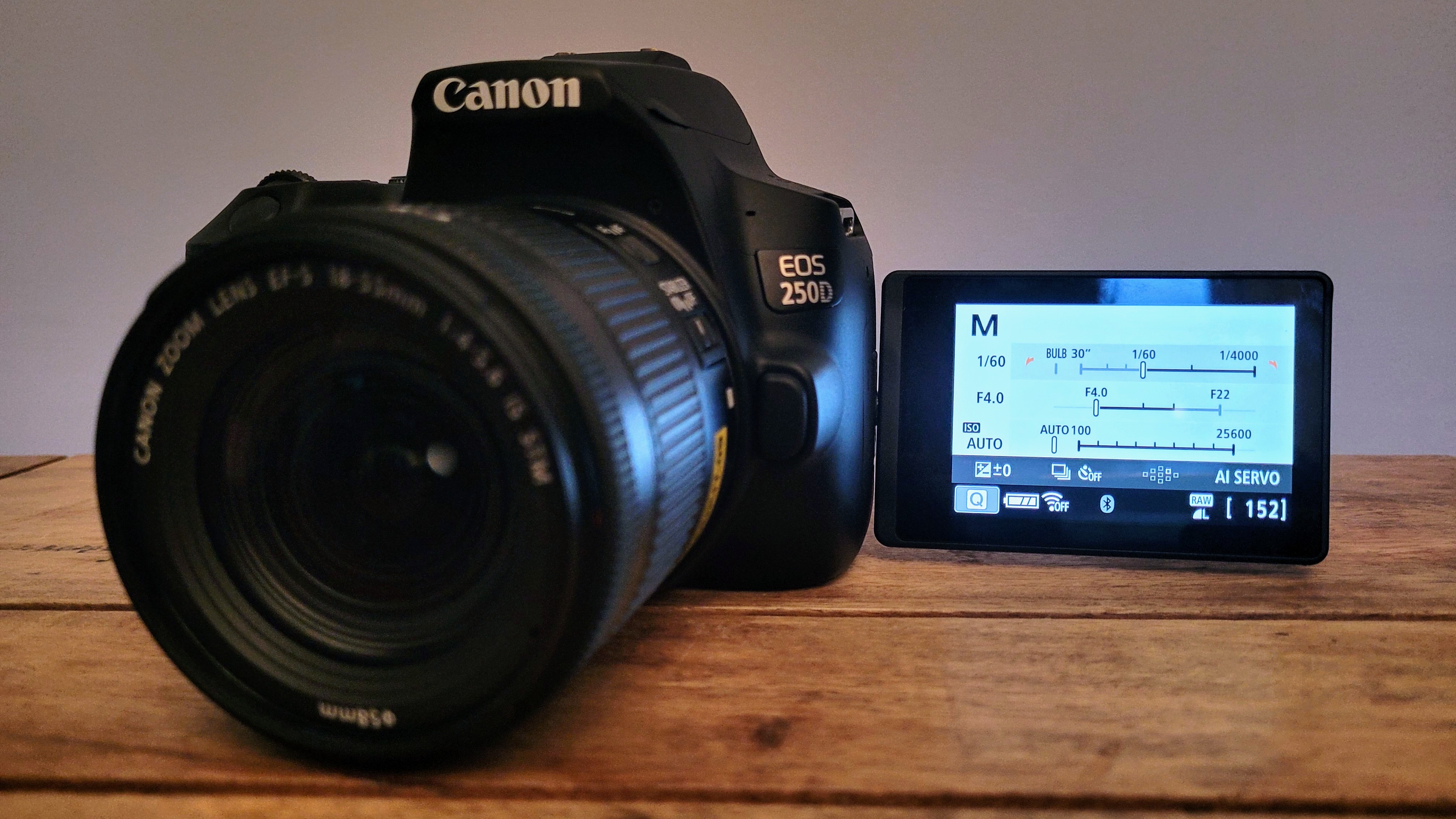 Image shows a Canon Rebel SL3 with its screen facing forwards