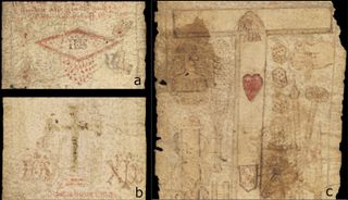 The medieval birthing scroll has illustrations from Christian imagery to protect a woman from the dangers of childbirth, including the wound on the side of the crucified Christ, dripping blood (upper left); a rubbed-away crucifix and holy monograms (lower left); and a tau (headless) cross adorned with a sacred heart and shield, alongside a standing figure that may be Jesus.