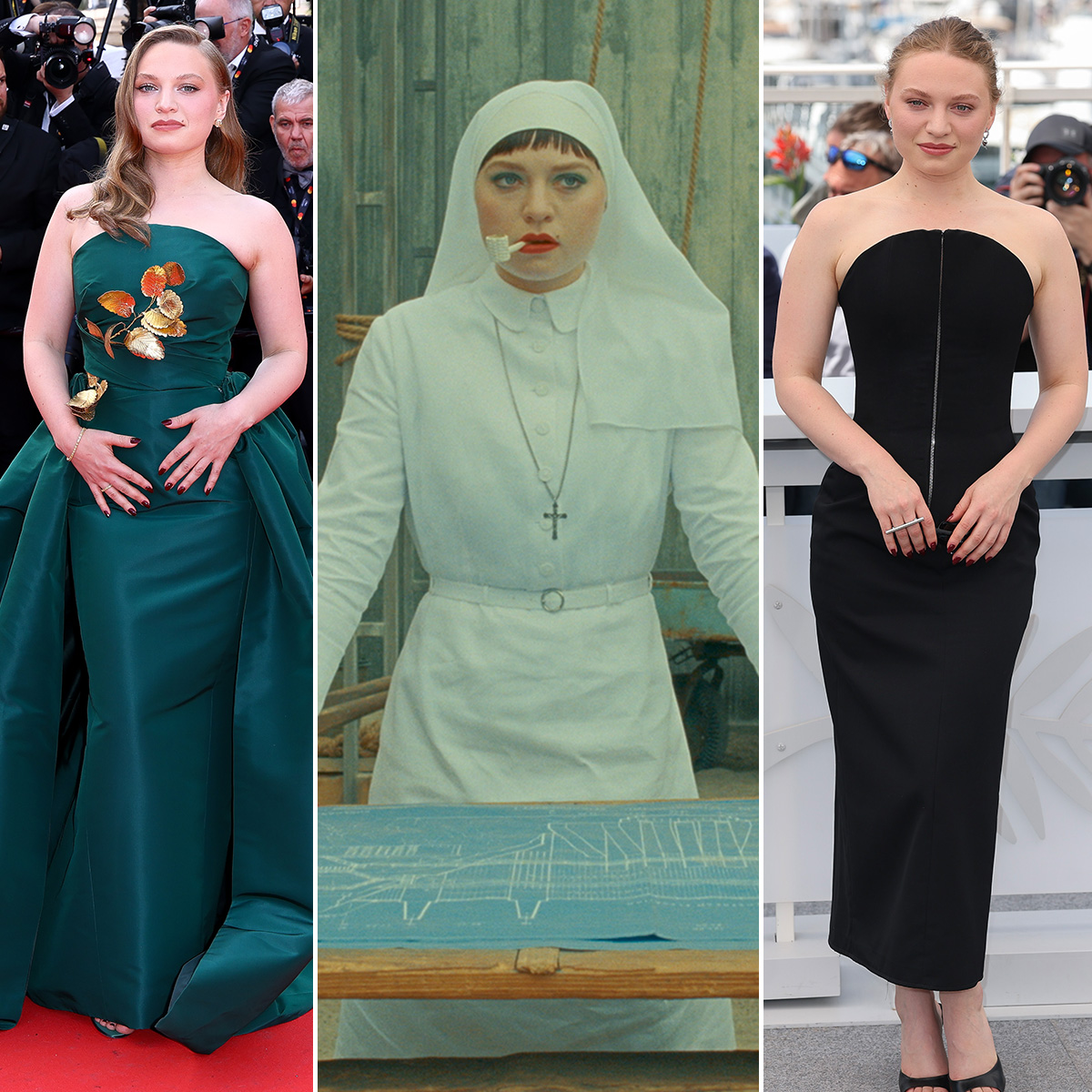Photos of actress Mia Threapleton. Left: Mia Threapleton at the Cannes premiere of The Phoenician Scheme wearing a strapless emerald gown with gold leaf embellishment on the bodice. Middle: A still from the film The Phoenician Scheme featuring Mia in a white nun look smoking a white pipe. Right: Mia at the photocall of The Phoenician Scheme in Cannes wearing a strapless black column dress. 