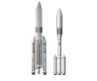An artist’s illustration of Europe’s planned Ariane 5ME and Ariane 6 rockets. The Ariane 5ME (left), if approved, will fly later this decade, while Ariane 6 (right) may operate alongside Ariane 5ME in the early 2020s.