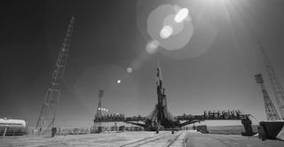 A Soyuz rocket that will launch three people to the International Space Station on the 50th anniversary of the Apollo 11 moon landing tomorrow (July 20) stands tall on the launchpad at the Baikonur Cosmodrome in Kazakhstan.