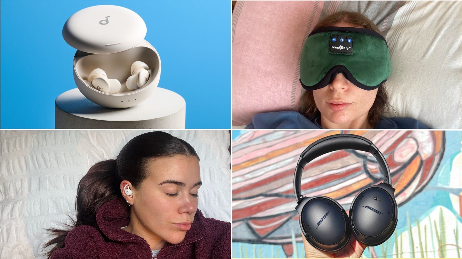 Soundcore Sleep A30 on blue background (top left). Our sleep tech wearing Ozlo Sleepbuds (bottom left). Our sleep tech reviewer wearing green Musicozy sleep mask (top right). Bose QuietComfort Headphones against colourful background (bottom right).