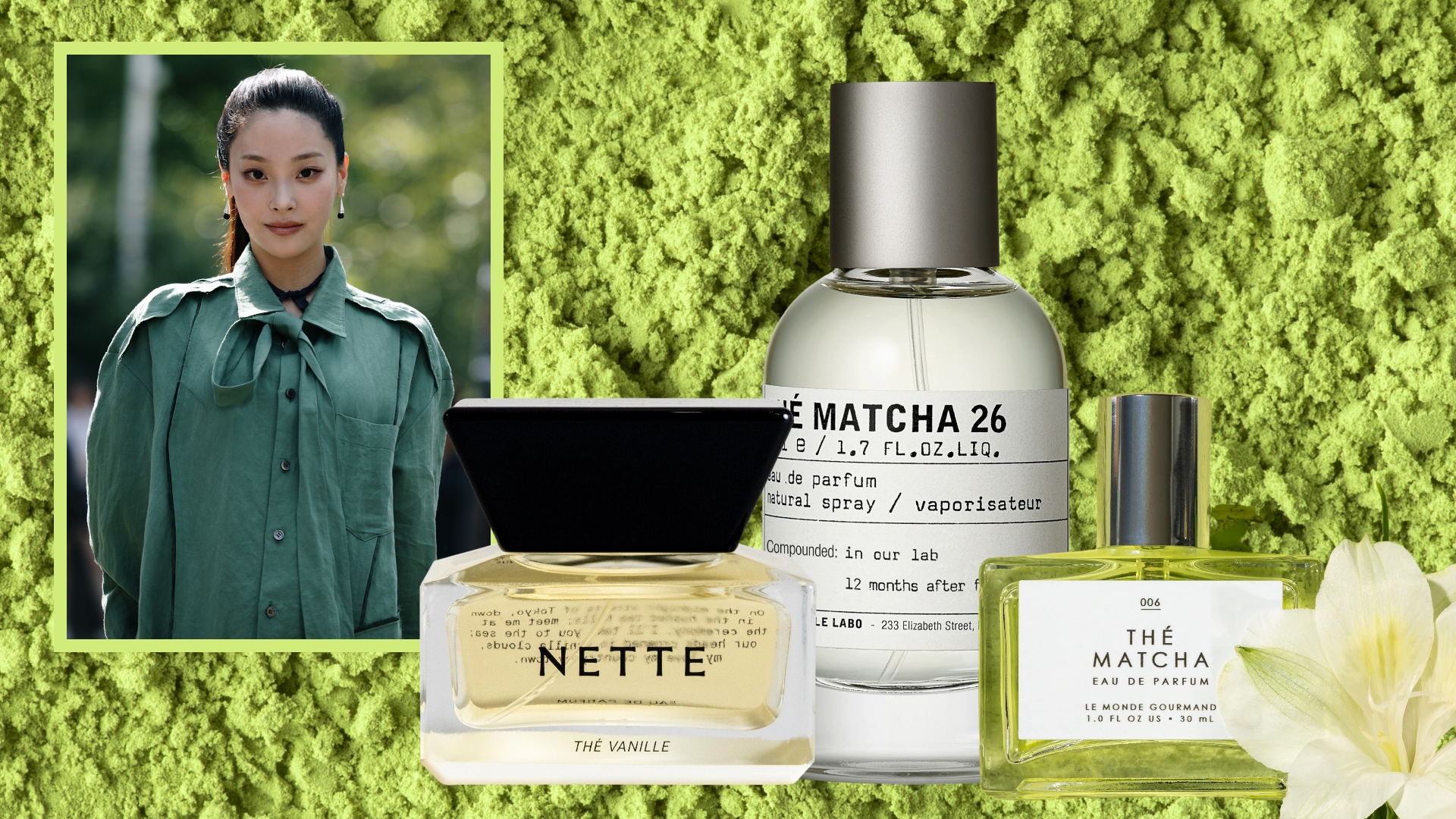 girl dressed in. green on a matcha background next to three matcha perfumes