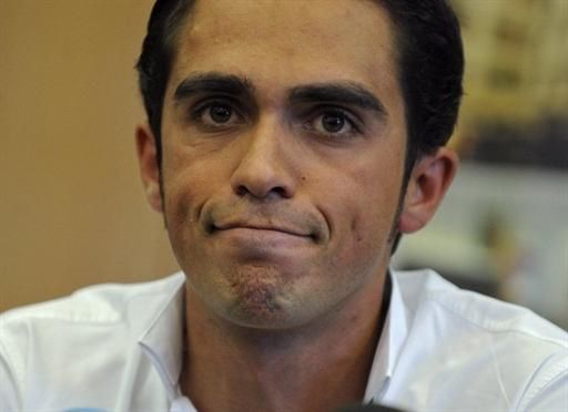 Alberto Contador during his press conference as he tries to explain how his urine sample became contaminated with clenbuterol