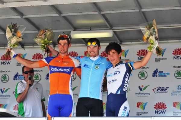 The men's overall podium: Michael Matthews (Rabobank), Chris Sutton (Sky) and Caleb Ewan (NSWIS)