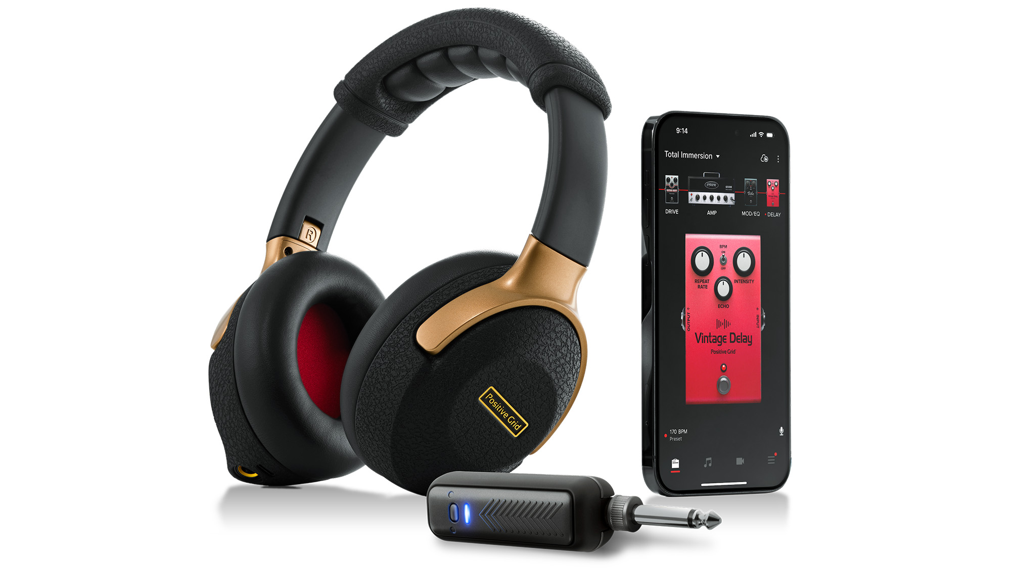 A photo showing Positive Grid NEO headphones and dongle alongside a smartphone running the Spark app that provides access to the NEO guitar amps, effects and other digital features