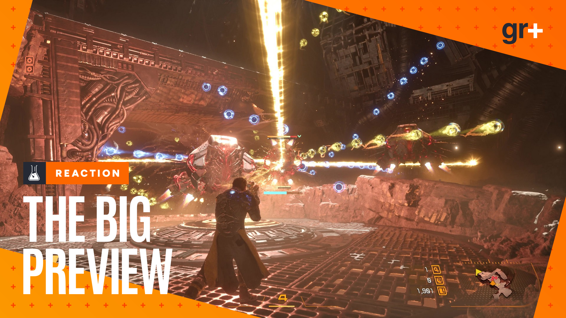 Laser beams shoot over head as Arjun battles machines in the Ancient Depths in Saros, with the orange GamesRadar+ Big Preview frame