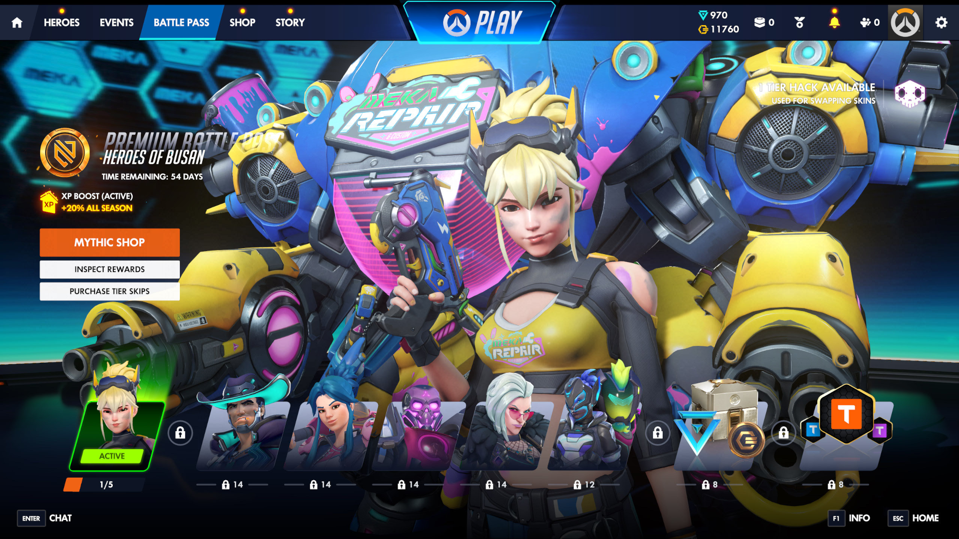 A screenshot of the Overwatch season 4 battle pass. A menu screen featuring mech tank hero D.Va. Below her are multiple tiers of the new battle pass system featuring new Legendary skin cosmetics.