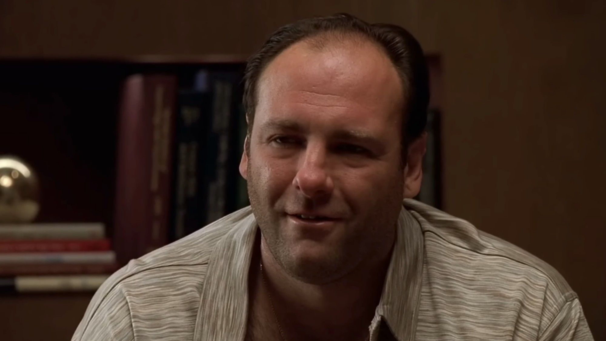 James Gandolfini as Tony Soprano, looking very stressed out in Dr. Melfi office on The Sopranos