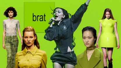 A collage of Charli XCX's 'Brat,' and Prada Spring 1996, Gucci Fall 2024, 
