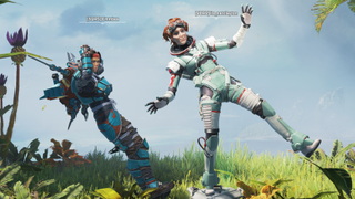 PC Gamer's Natalie Clayton and a friend dance on the Apex victory screen