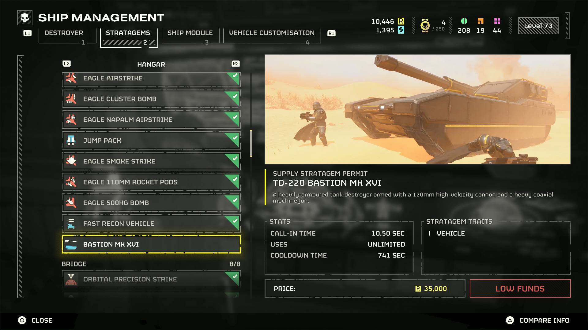 Helldivers 2 Bastion Tank Stratagem in Ship Management menu