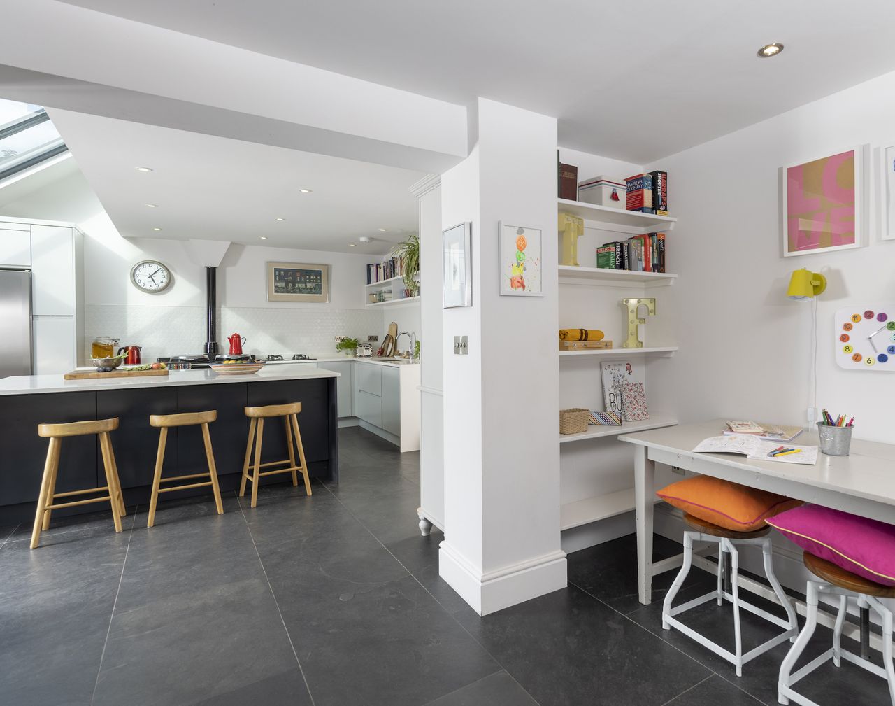 victorian internal layout renovation with view from living room childrens desk to kitchen
