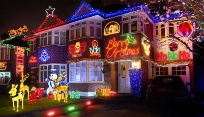 Christmas lights on row houses