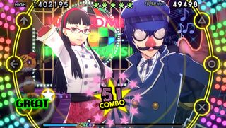 Naoto and Yukari bust moves in Persona 4 Dancing All Night while wearing silly outfits