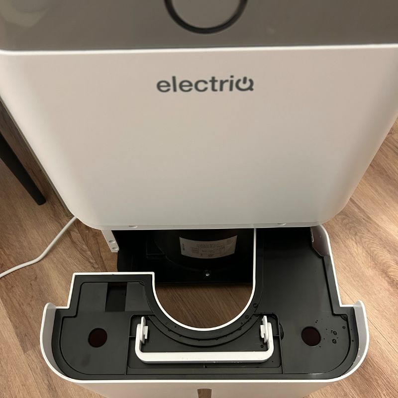 ElectricQ dehumidifier water tank pulled away from main unit