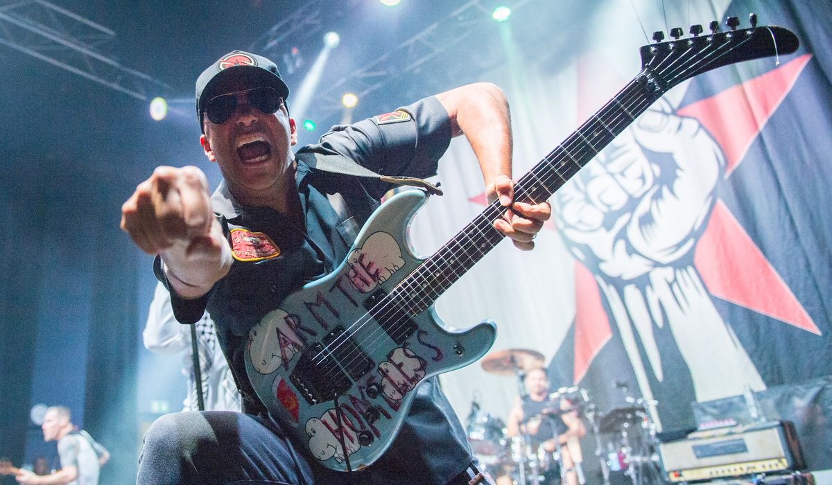 Tom Morello performs with Prophets of Rage at O2 Shepherd&#039;s Bush Empire on August 12, 2019 in London