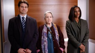 Jason Ritter, Kathy Bates, and Skye P. Marshall standing together awkwardly in an elevator in Matlock Episode 2 - &quot;Rome in a Day.&quot; 