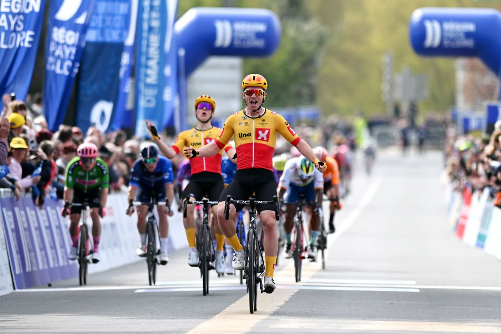 LE LIONDANGERS FRANCE APRIL 05 Erlend Blikra of Norway and UnoX Pro Cycling Team celebrates at finish line as stage winner during the 1st Region Pays de la Loire Tour 2023 Stage 2 a 1694km stage from Clisson to Le Lion to dAngers on April 05 2023 in Le LiondAnger France Photo by Dario BelingheriGetty Images