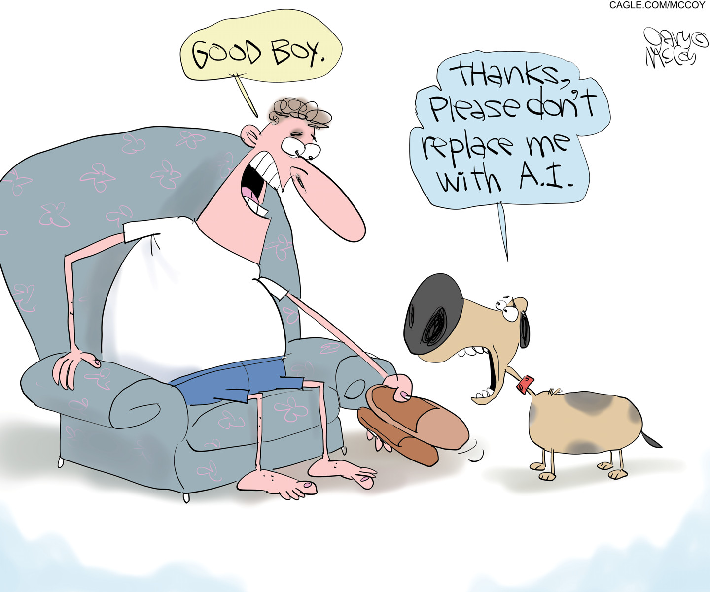 A dog brings a pair of slippers to a man in a chair. The man says, &amp;ldquo;Good boy&amp;rdquo; and the dog responds, &amp;ldquo;Thanks, please don&amp;rsquo;t replace me with A.I.&amp;rdquo;