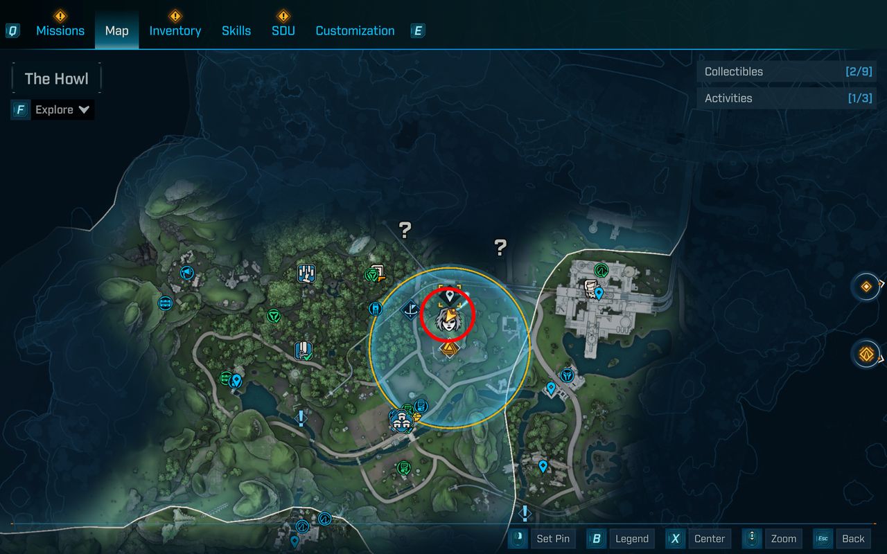 Borderlands 4 vault key fragment locations: A map with a red circle highlighting the in the centre of the Fadefields.
