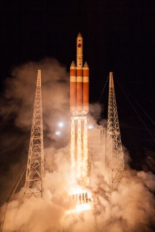 A United Launch Alliance Delta IV Heavy rocket launches NASA's Parker Solar Probe to the sun from Cape Canaveral Air Force Station, Florida on Aug. 12, 2018.