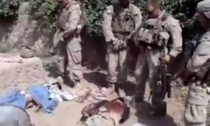 A screengrab from a video that leaked leaked online this week appears to show four uniformed U.S. Marines urinating on the corpses of three Taliban fighters.