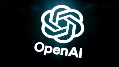 Close-up image of OpenAI logo and branding in white coloring against a black background.