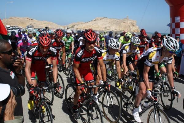 They're off, and BMC riders Marcis Burghardt and Manuel Quinziato are at the front.