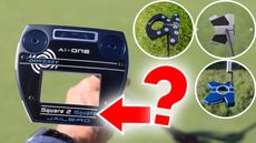 Photo montage of some lie angle balanced putters with a bold question mark