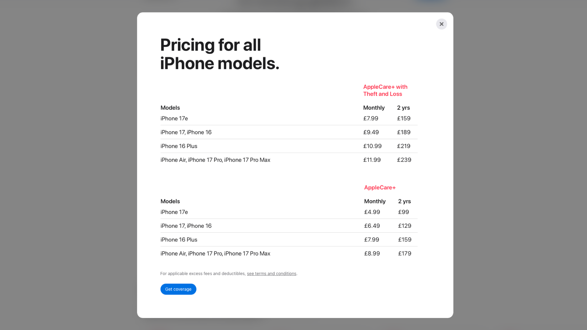 An image showing the current iPhone prices for AppleCare+ and Theft and Loss coverage