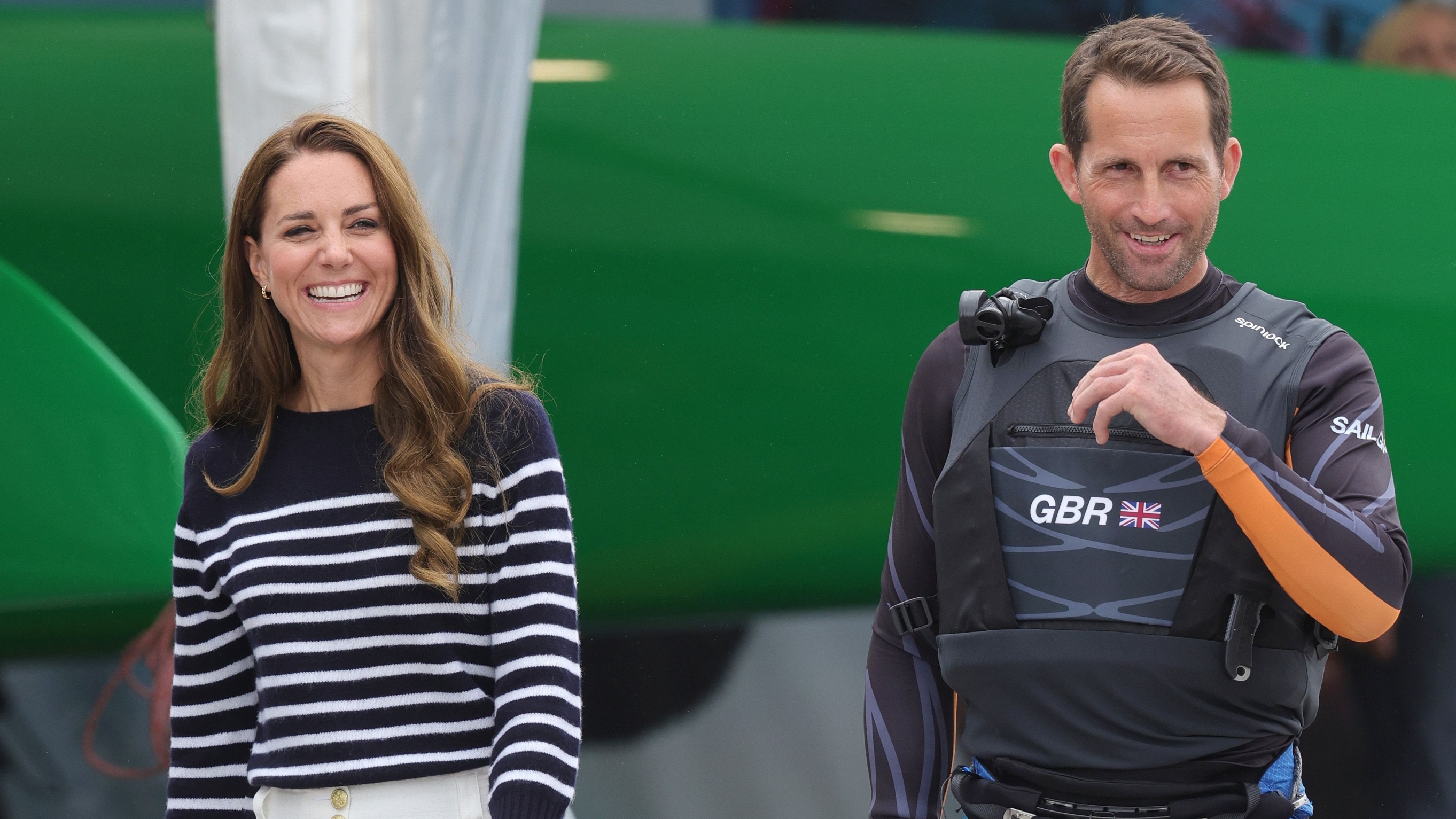Catherine, Princess of Wales and Sir Ben Ainslie are seen during her visit to the 1851 Trust and the Great Britain SailGP Team on July 31, 2022 in Plymouth