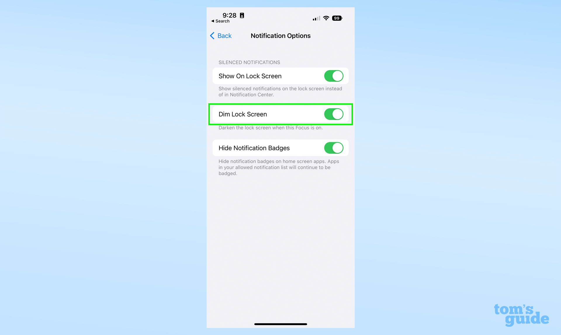 Скриншот приложения настроек iOS, показывающий, где найти параметр Dim Lock Screen.