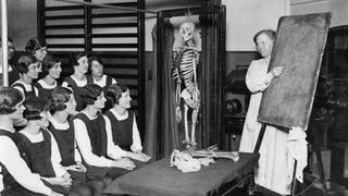 A photograph of an anatomy lesson for sport teachers at the Westminster hospital school in London in 1929.