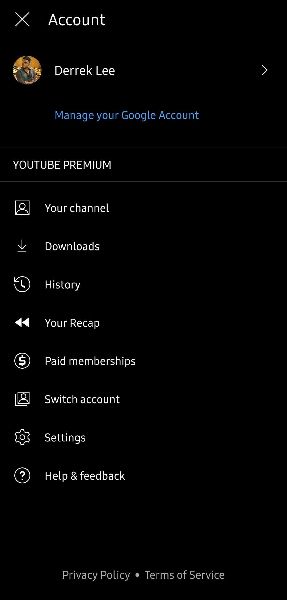 YouTube Music Account page