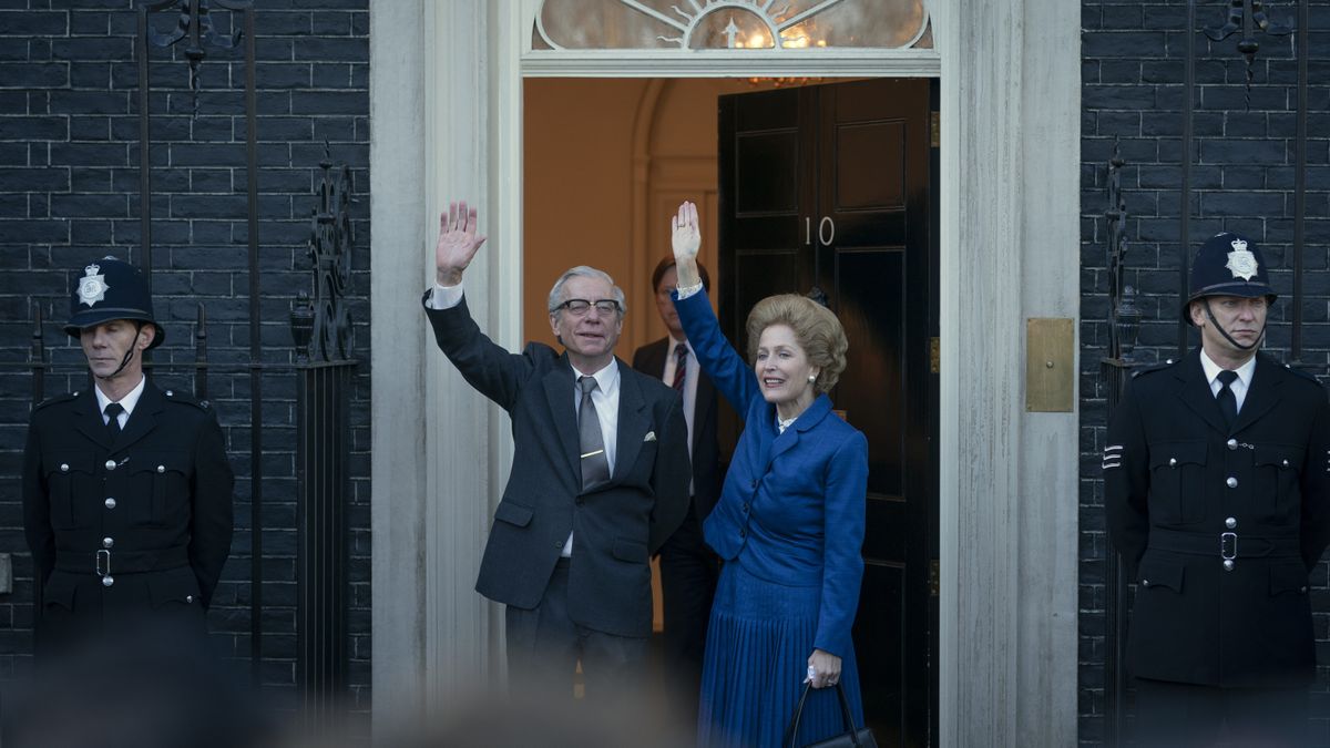 British Prime Minister Margaret Thatcher (Gillian Anderson) and her husband, Denis, (Stephen Boxer) in Season 4 of &quot;The Crown&quot; on Netflix.