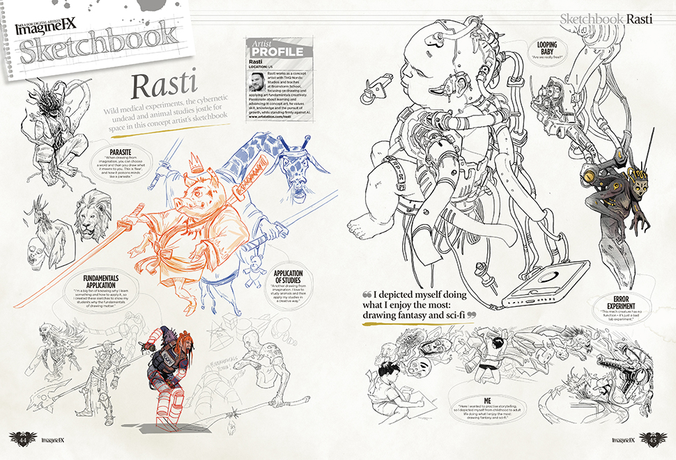Spread from issue 259 of ImagineFX magazine, giving a small preview of the contents.