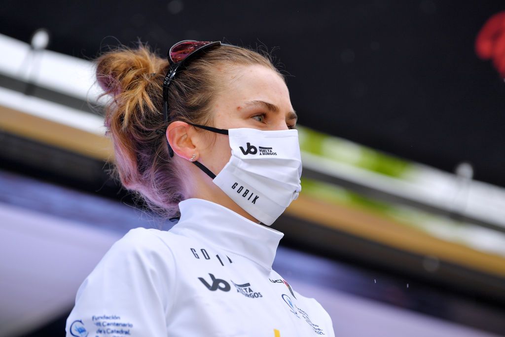 VILLARCAYO SPAIN MAY 21 Niamh FisherBlack of New Zealand and Team SD Worx white best young jersey celebrates at podium during the 6th Vuelta A Burgos Feminas 2021 Stage 2 a 97km stage from Pedrosa de Valdeporres to Villarcayo VueltaBurgos BurgosFem UCIWWT on May 21 2021 in Villarcayo Spain Photo by Luc ClaessenGetty Images