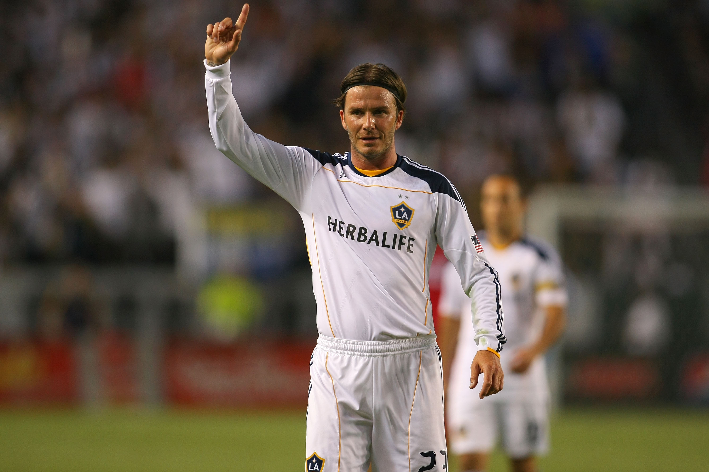 David Beckham gestures during a match between LA Galaxy and Chicago Fire in July 2011.